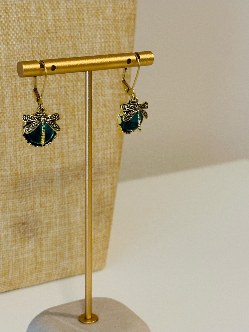 Fashion Jewelry Gold Dragonfly Earrings with Teal Accents - Women Jewelry
